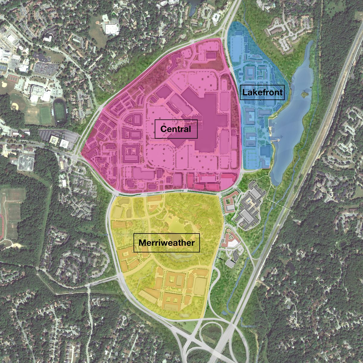 Merriweather map showing neighboorhoods called Merriweather, Central, and Lakefront