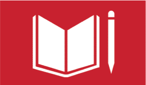 A white book with a pen and pencil on a red background, representing creativity within communities.