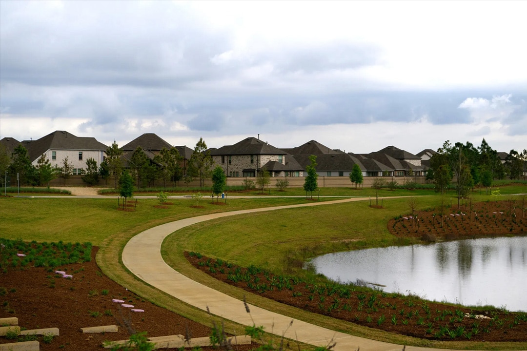 Wide view of single-family homes in Bridgeland, TX
