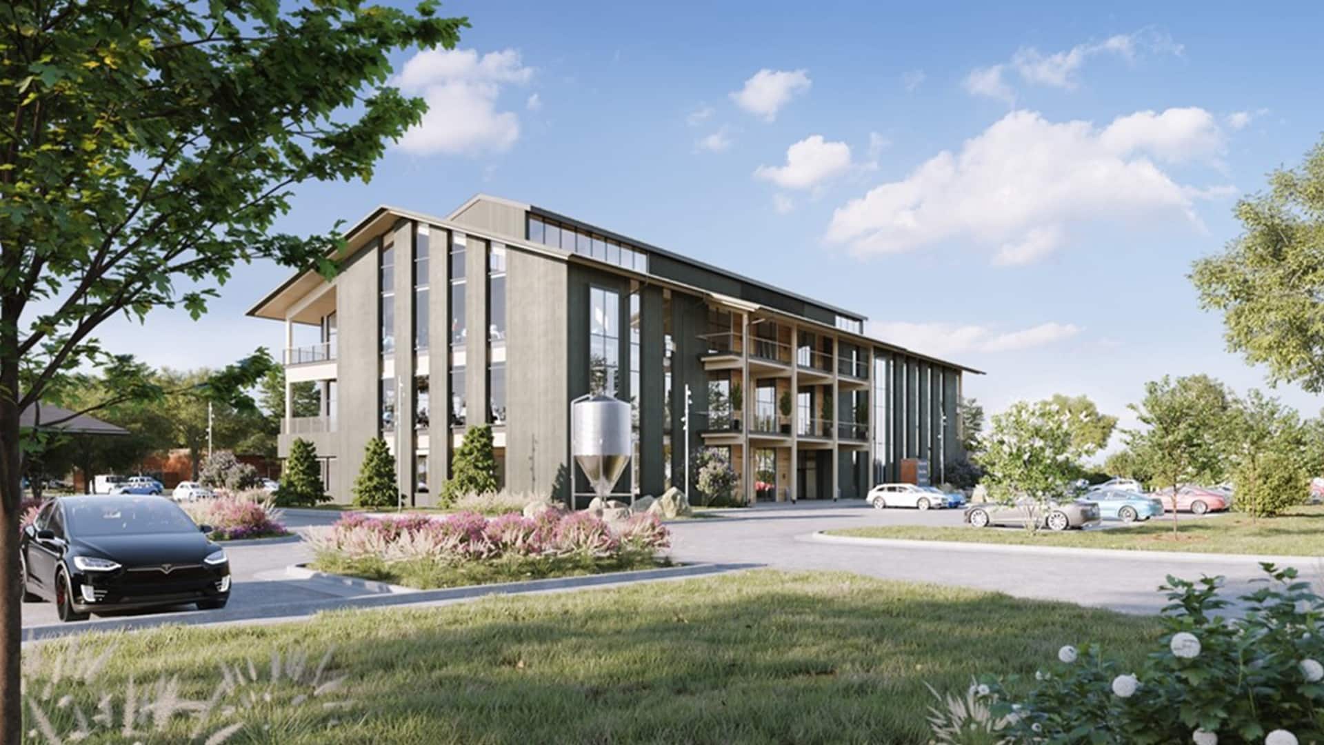 Photo rendering of mass timber office in Bridgeland Central