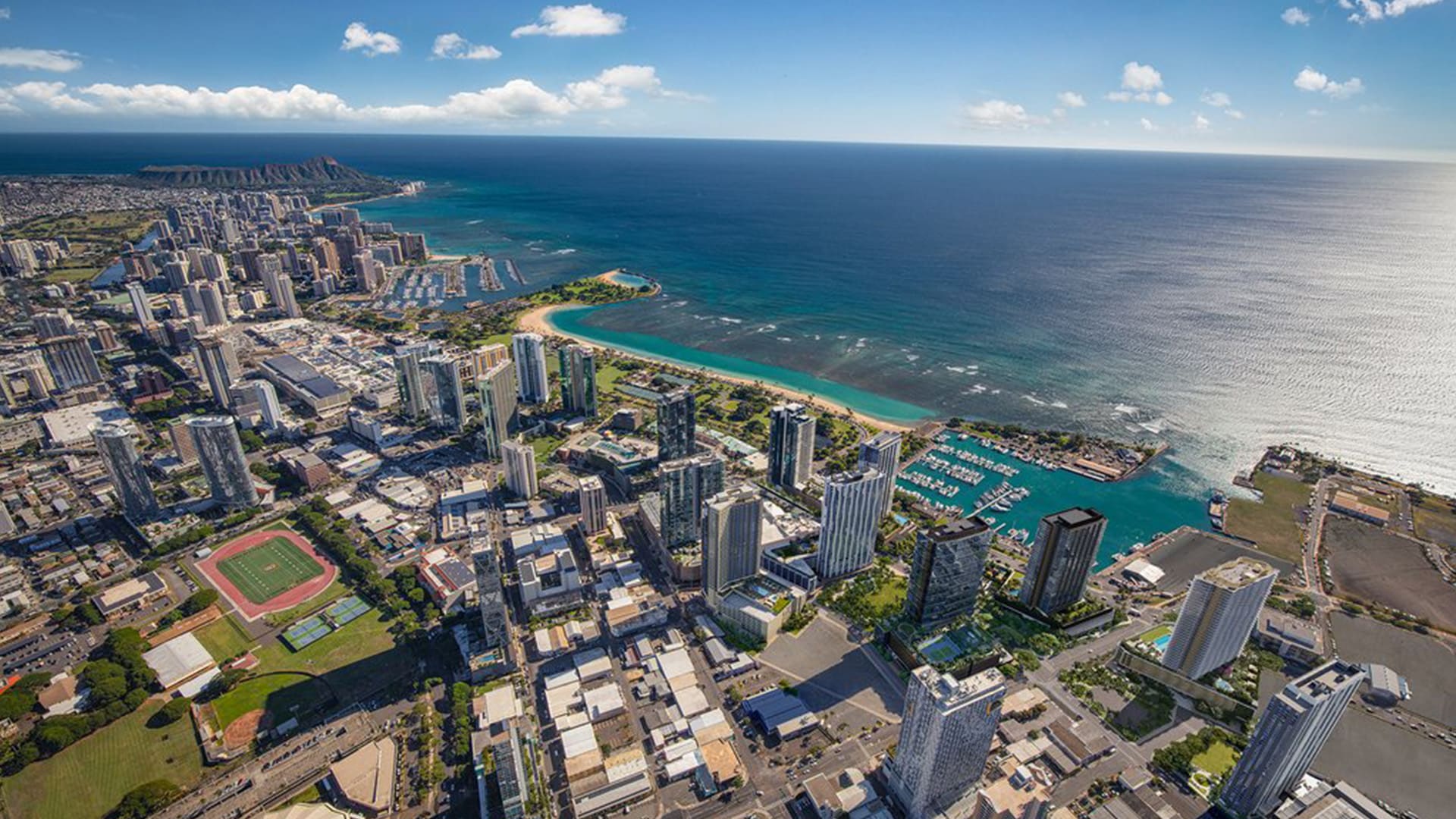 Aerial view of Ward Village, Honolulu coastline in Hawaii